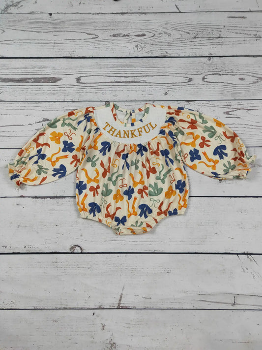 Thankful Smocked Bow Printed Baby Bubble