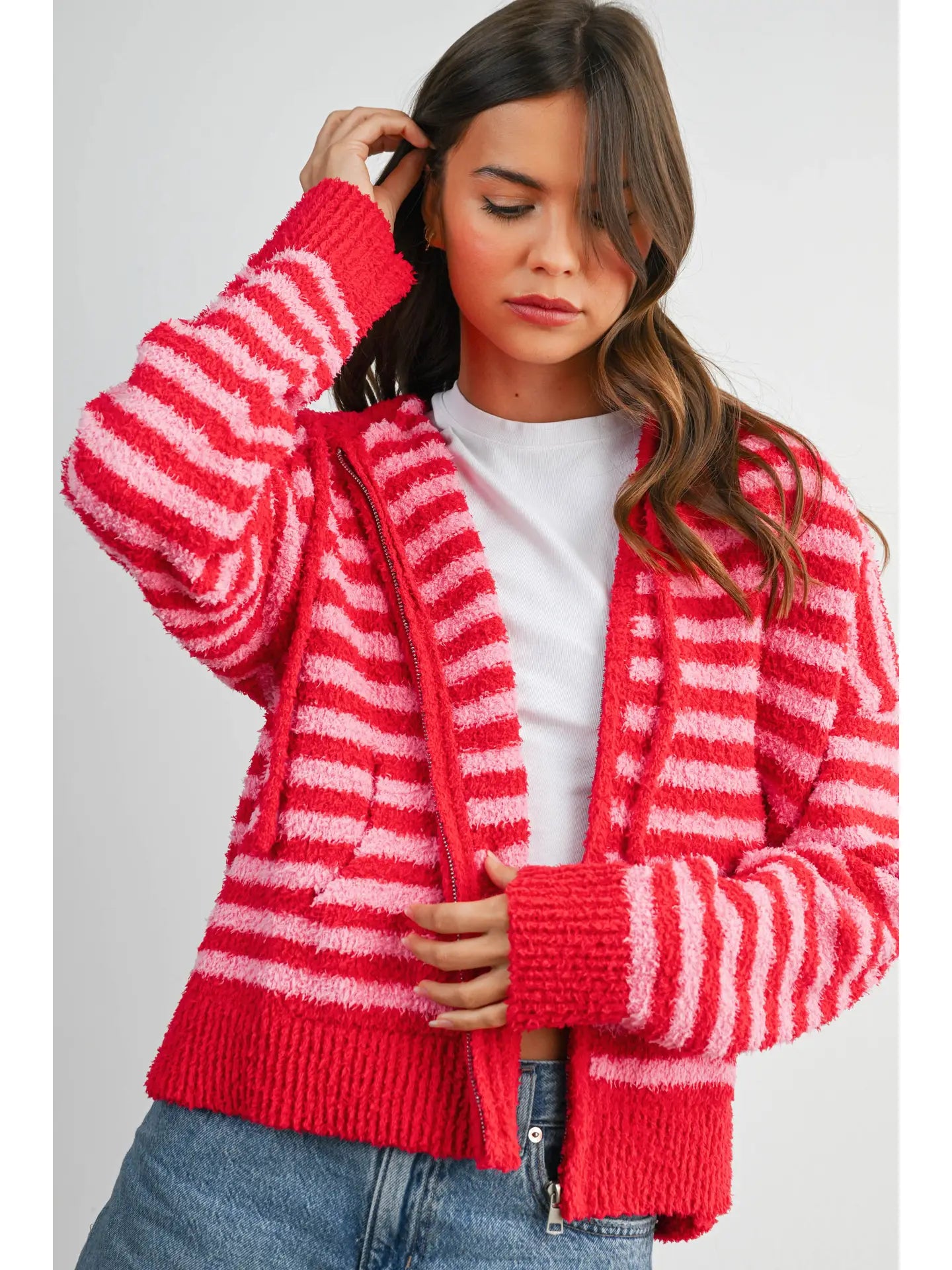 Striped Zip-Up Hooded Cardigan