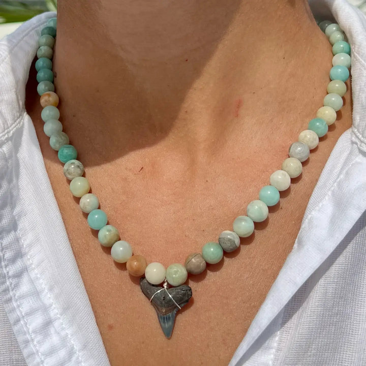 Blue Chunky Shark Tooth Necklace | Surfer Beach Jewelry