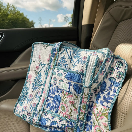 Quilted Tote Bag - Blue/White