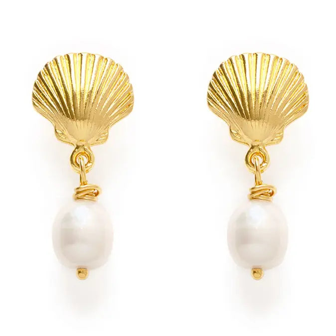 Shell and Pearl Stud Drop Earrings