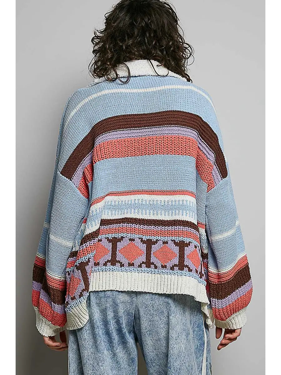 High Collar Half Zipper Ethnic Color Block Pullover Sweater