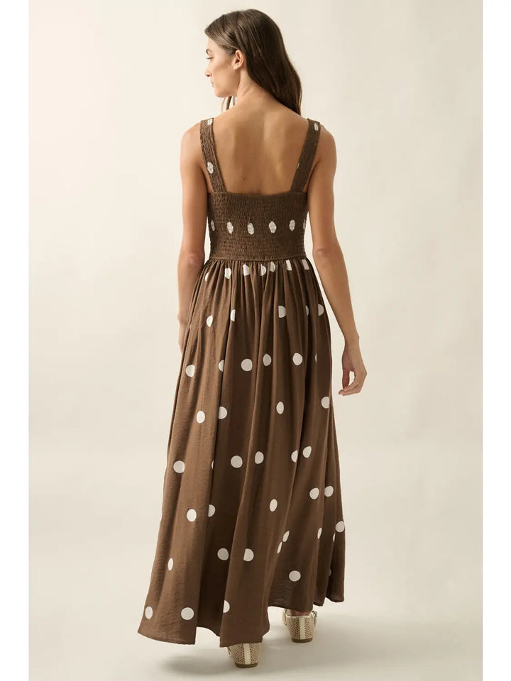 Polka Dot-Print Smocked Sleeveless Pocket Maxi Dress