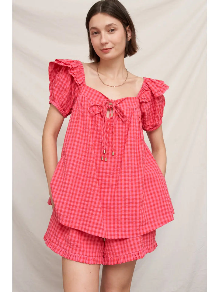 Ruffle Sleeve Square Neck Plaid Top