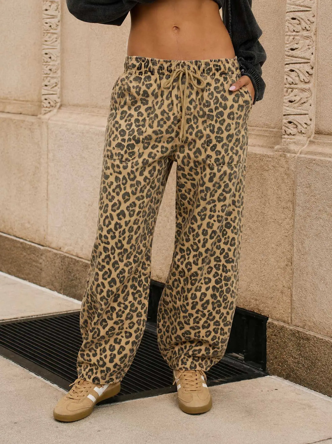 Leopard Print Drawstring Barrel Pants
