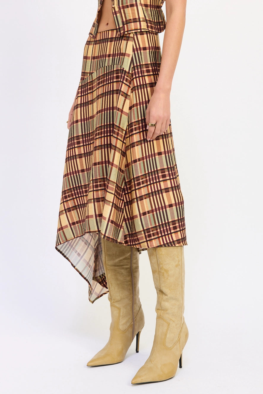 Plaid Low Rise Asymmetrical Midi Skirt