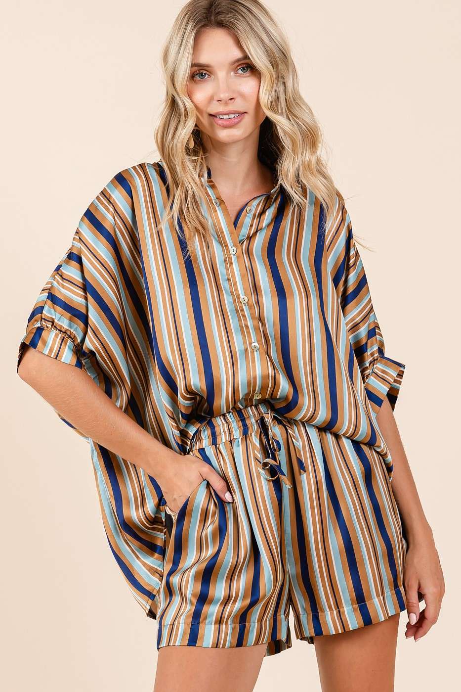 Multicolor Striped Print Satin Dolman Sleeve Top