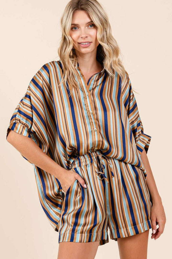 Multicolor Striped Print Satin Dolman Sleeve Top