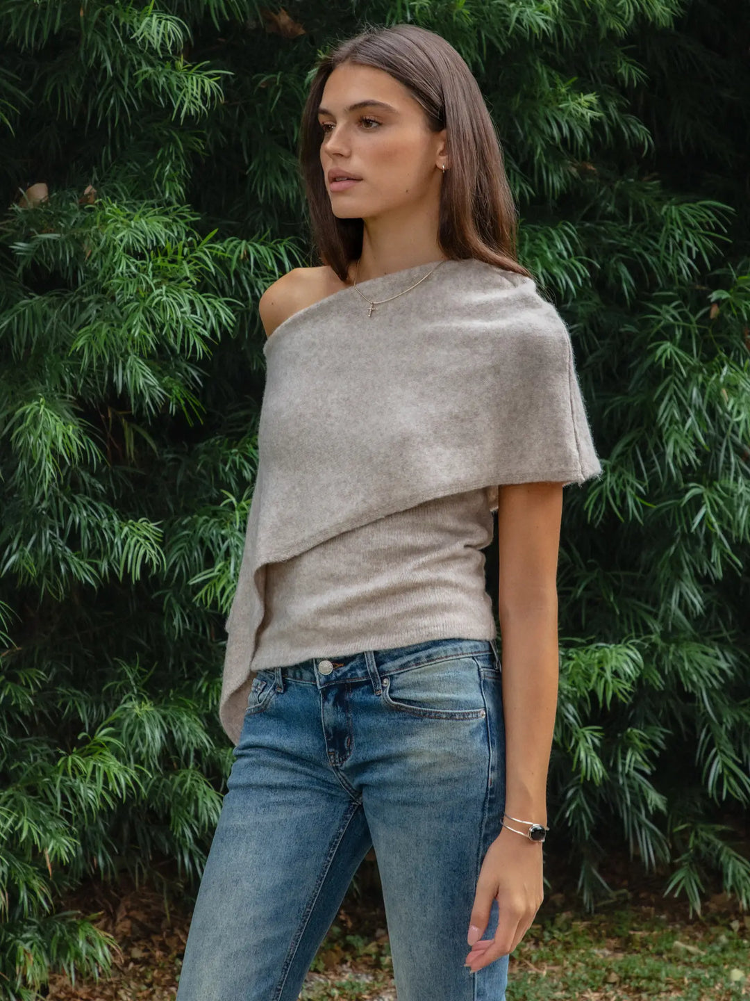 Ainsley Off Shoulder Asymmetric Knit Poncho Sweater