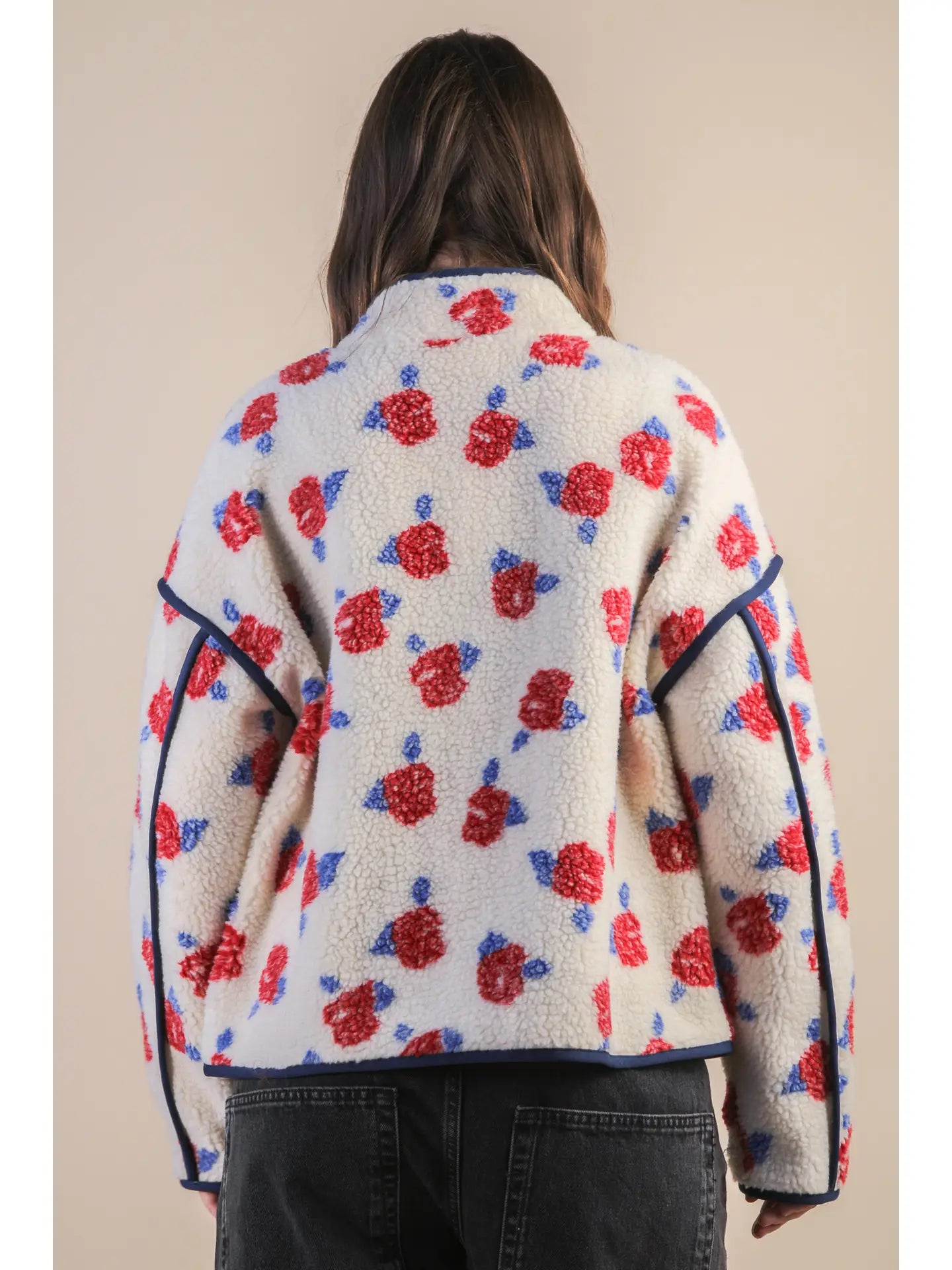 Oversized Floral Printed Fleece Sherpa Jacket
