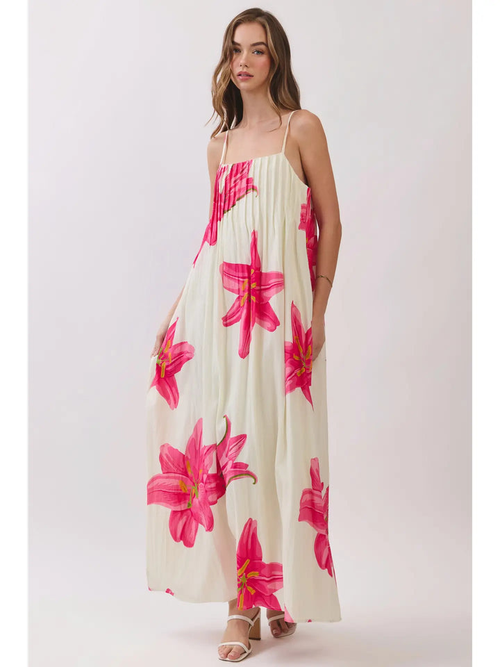 Floral Pleated Maxi Dress with Adjustable Straps