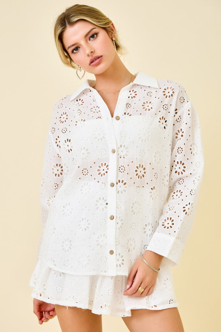 Sheer Eyelet Flower Embroidered Button Down Shirt Top