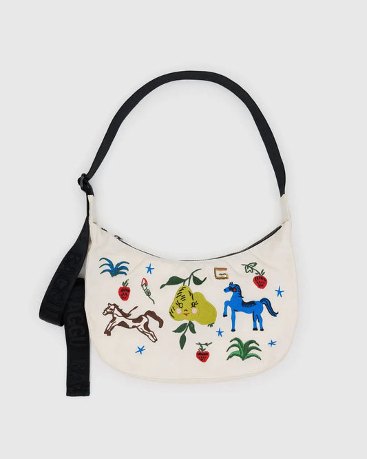 Medium Nylon Crescent Bag - Embroidered Painted Prairie Baggu